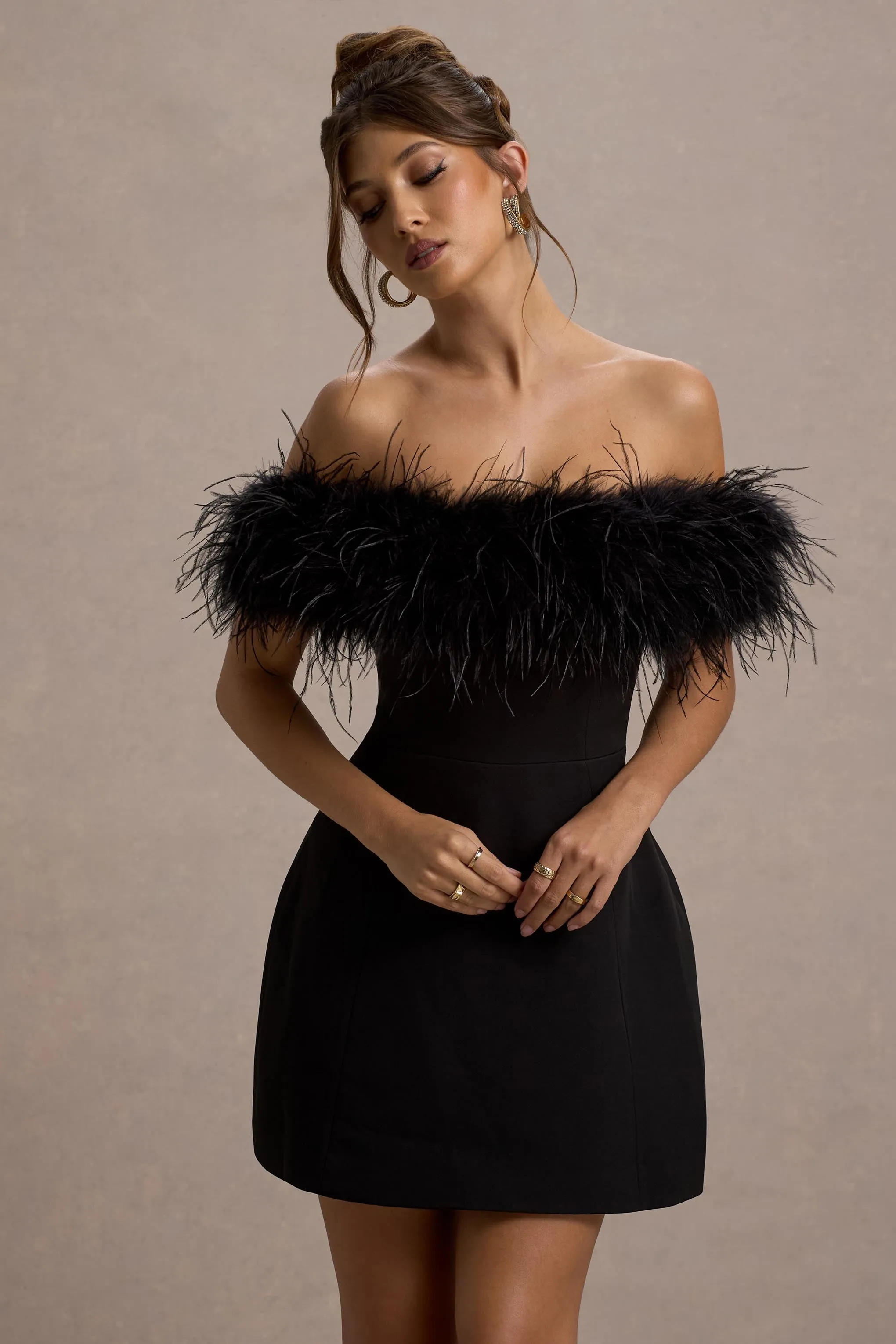 Palace | Black Bardot Mini Dress With Feather Trim Club L London
