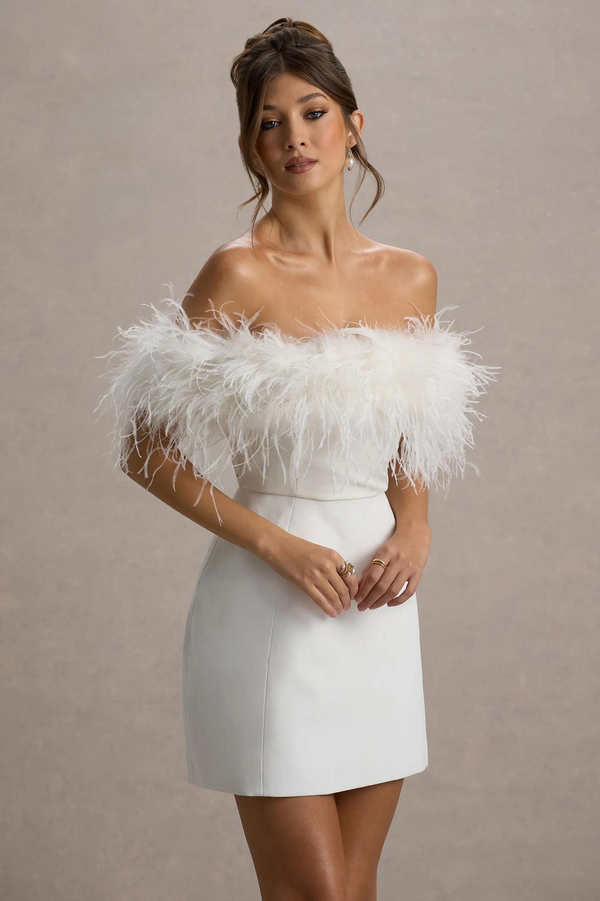 Palace | White Bardot Mini Dress With Feather Trim Club L London