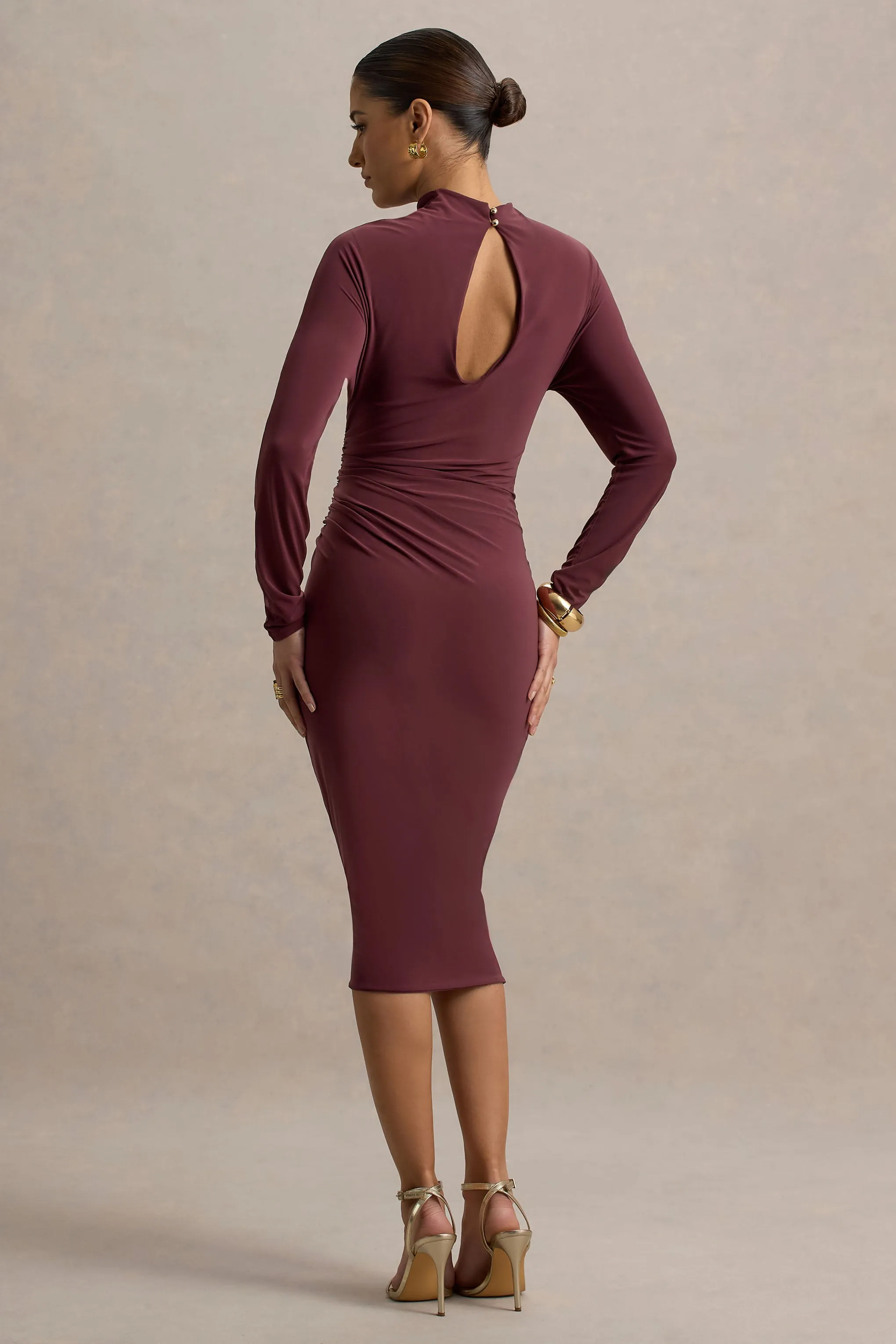 Pandora | Burgundy Long-Sleeve Midi Dress With Cut-Out Club L London