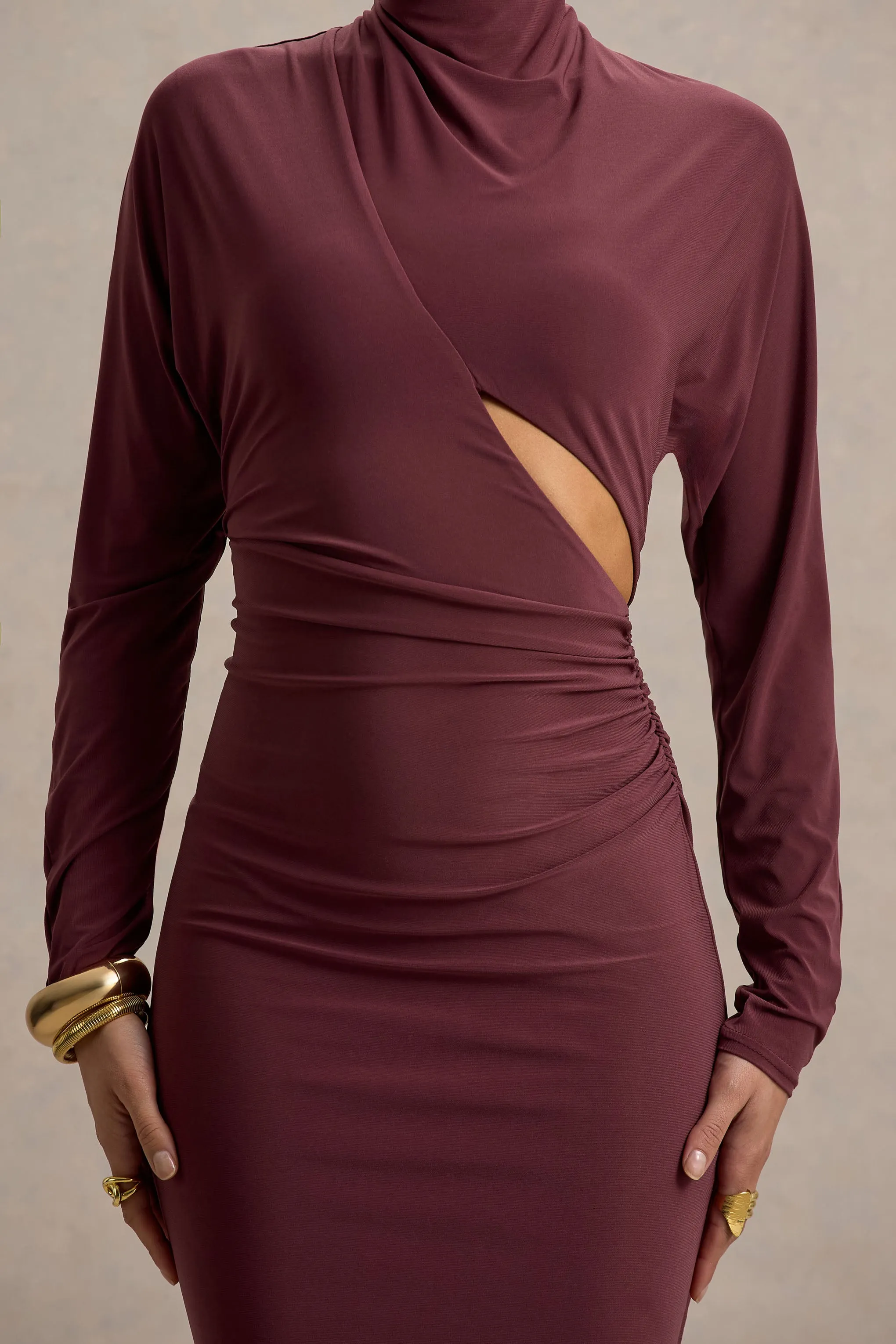 Pandora | Burgundy Long-Sleeve Midi Dress With Cut-Out Club L London