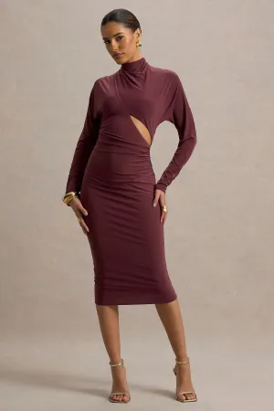 Pandora | Burgundy Long-Sleeve Midi Dress With Cut-Out Club L London