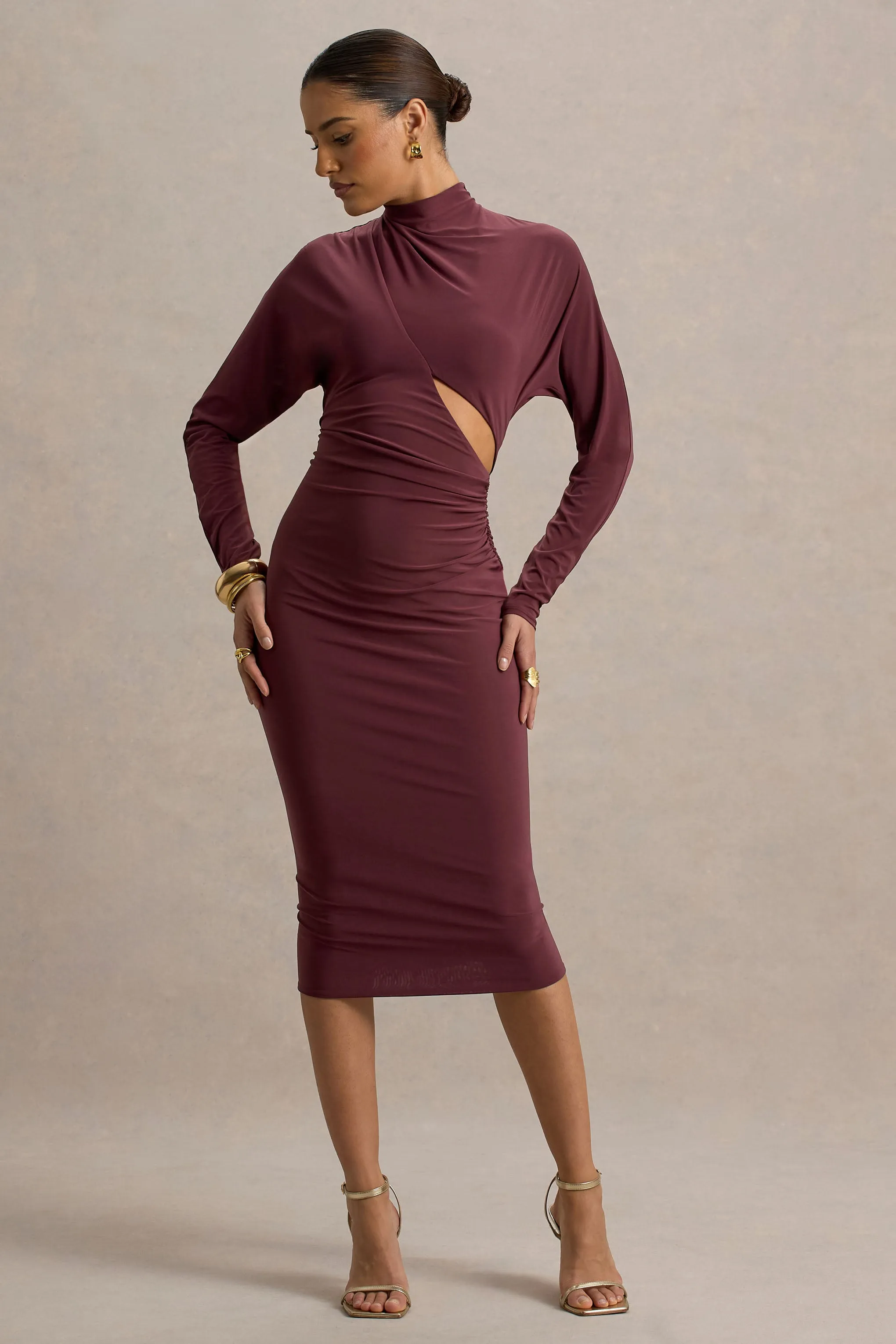 Pandora | Burgundy Long-Sleeve Midi Dress With Cut-Out Club L London