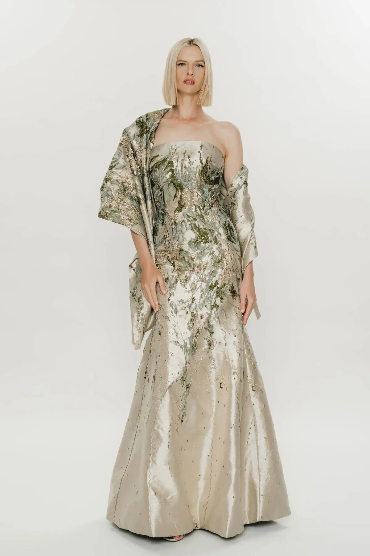 Park 108 Strapless Brocade Gown with Shawl M651