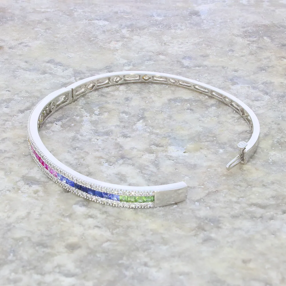 Pre Owned 14ct White Gold Multi Colour Sapphire and Diamond Bangle Bracelet