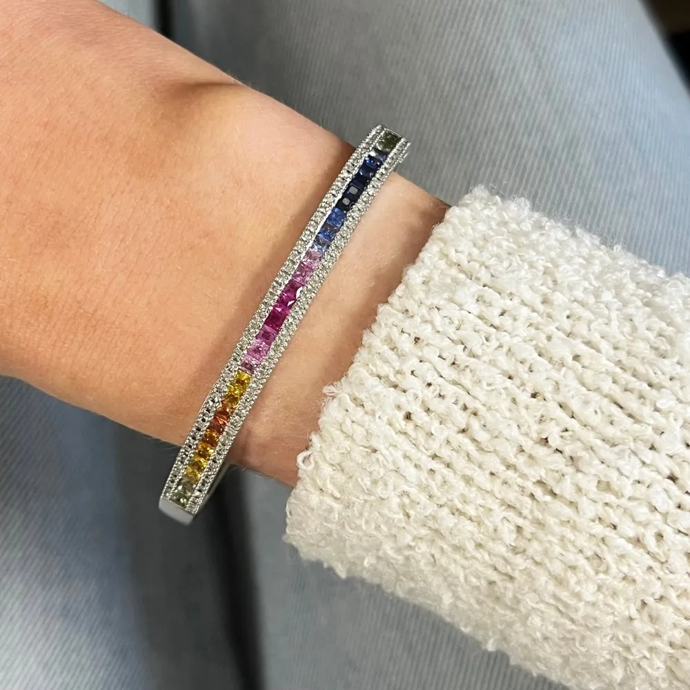 Pre Owned 14ct White Gold Multi Colour Sapphire and Diamond Bangle Bracelet