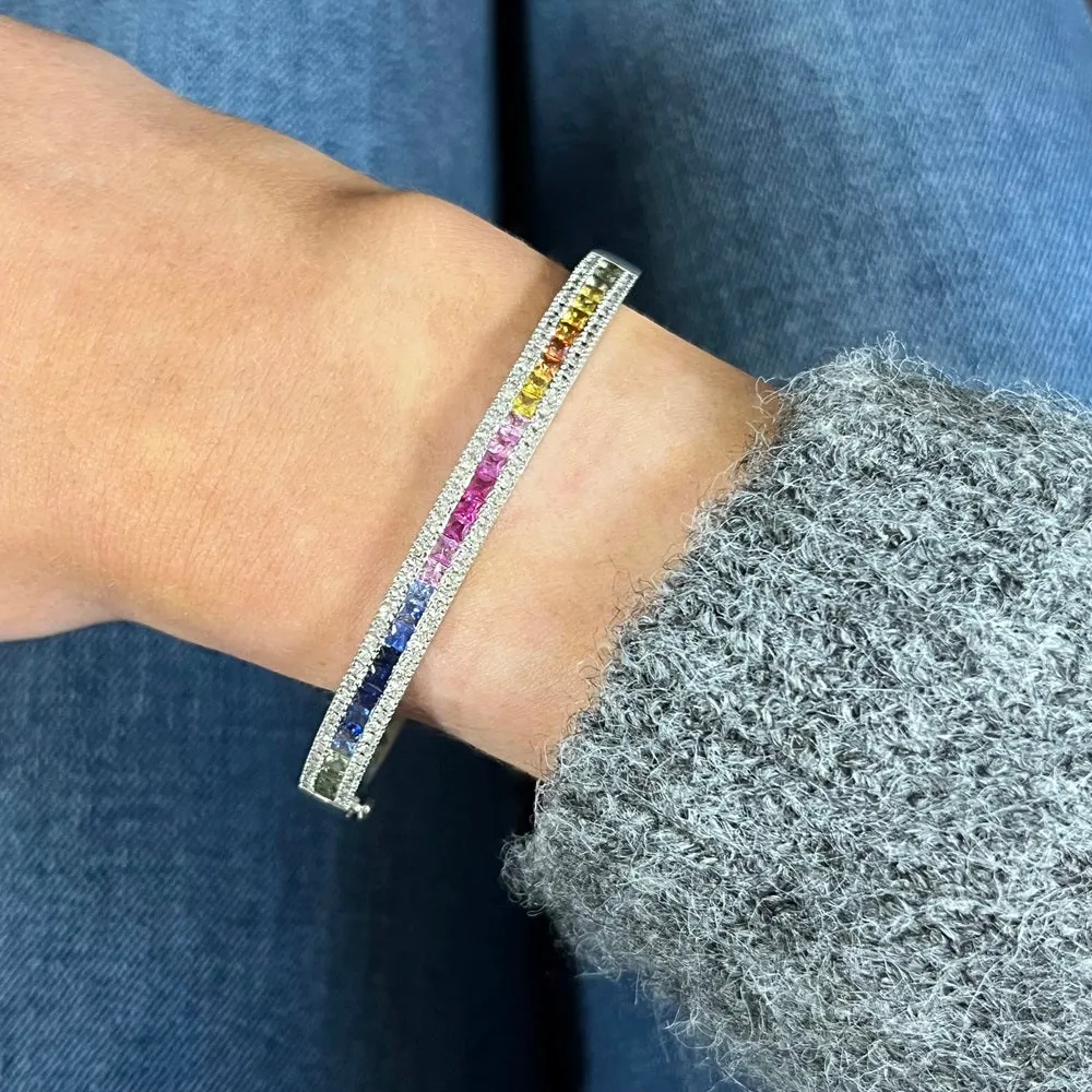 Pre Owned 14ct White Gold Multi Colour Sapphire and Diamond Bangle Bracelet