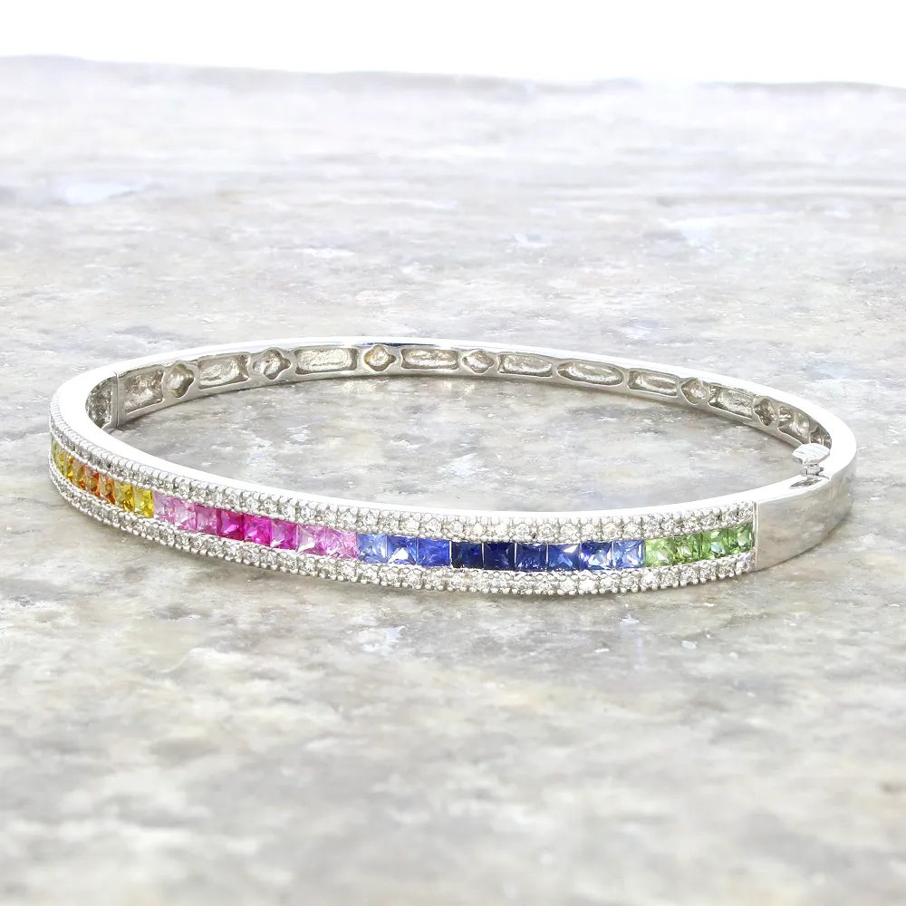Pre Owned 14ct White Gold Multi Colour Sapphire and Diamond Bangle Bracelet
