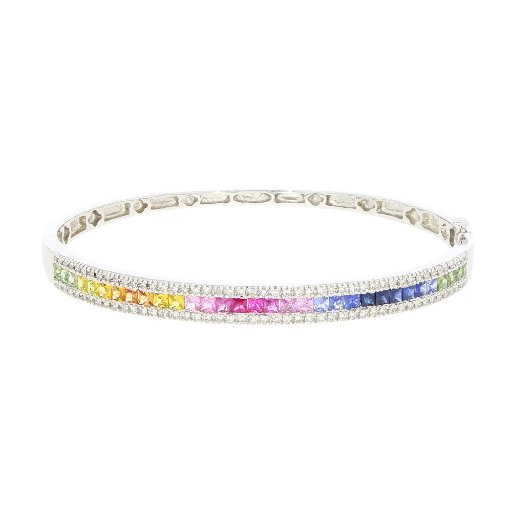 Pre Owned 14ct White Gold Multi Colour Sapphire and Diamond Bangle Bracelet