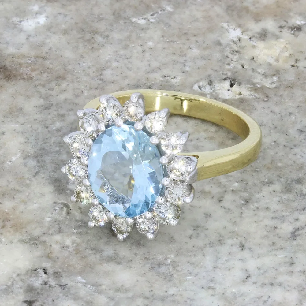 Pre Owned 14ct Yellow Gold 2.45ct Aquamarine and 0.95cts Diamond Cluster Ring