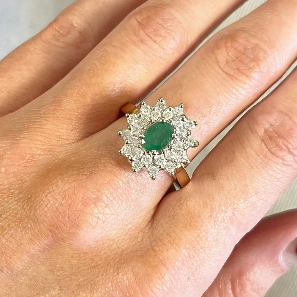 Pre Owned 18ct Gold Emerald and 1.00cts Diamond Cluster Ring