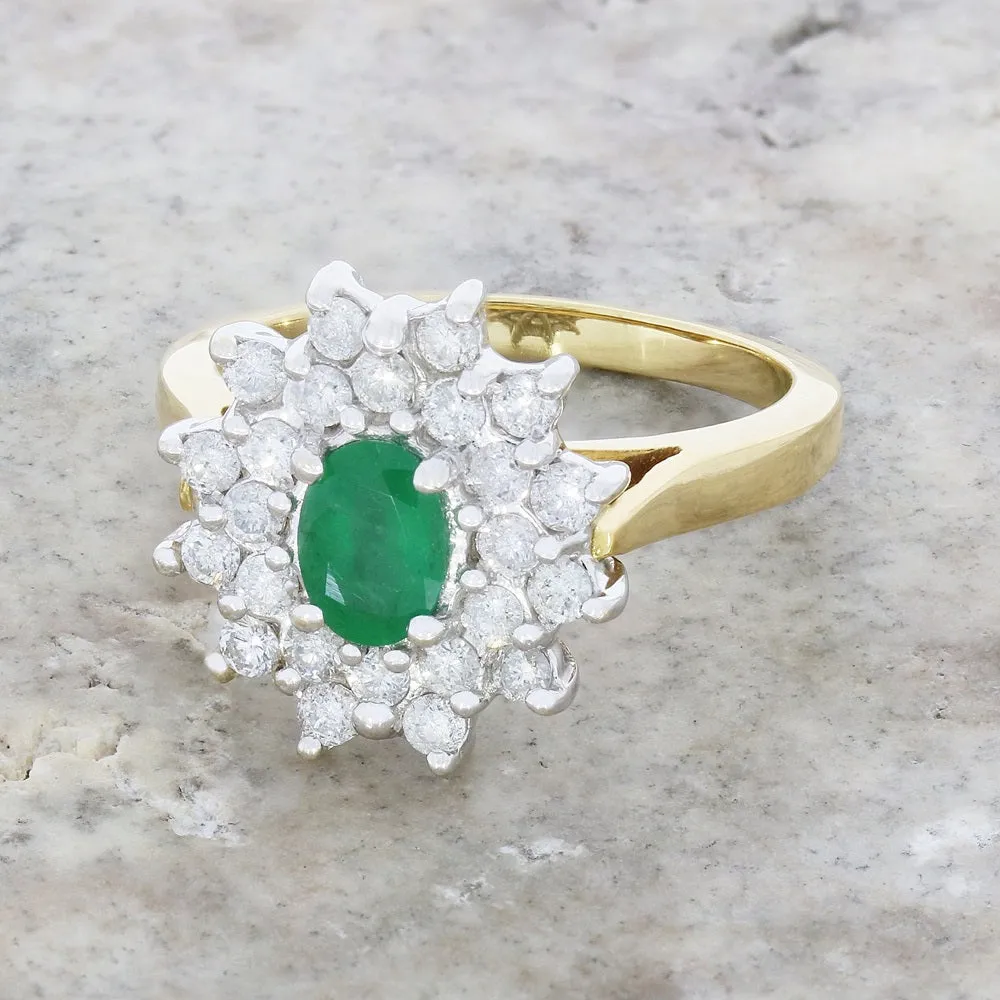 Pre Owned 18ct Gold Emerald and 1.00cts Diamond Cluster Ring