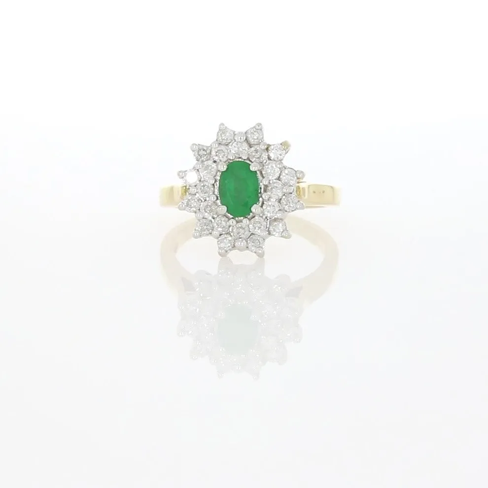 Pre Owned 18ct Gold Emerald and 1.00cts Diamond Cluster Ring