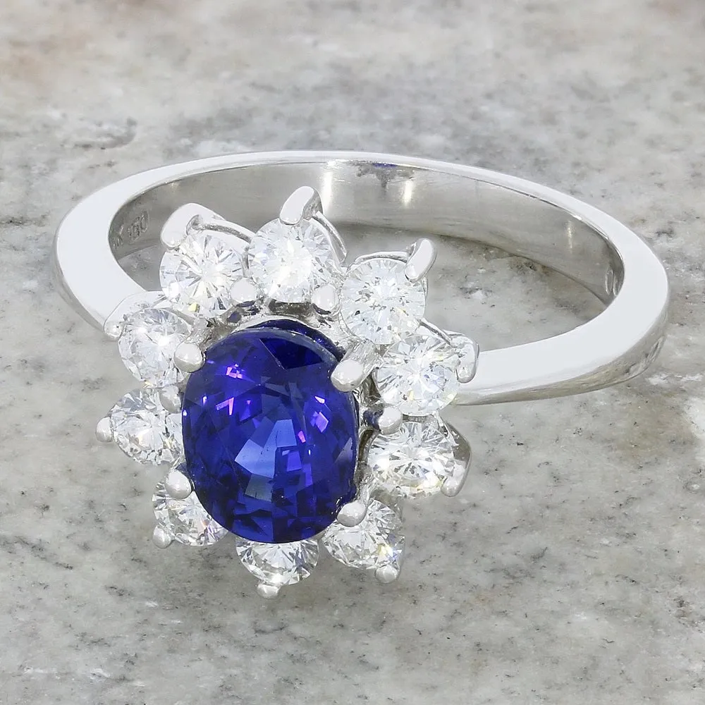 Pre Owned 18ct White Gold 1.20cts Sapphire & 0.96cts Diamond Cluster Ring