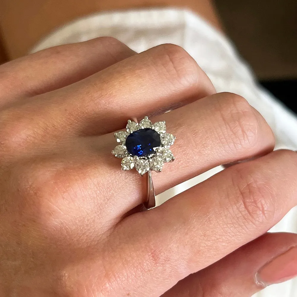 Pre Owned 18ct White Gold 1.20cts Sapphire & 0.96cts Diamond Cluster Ring