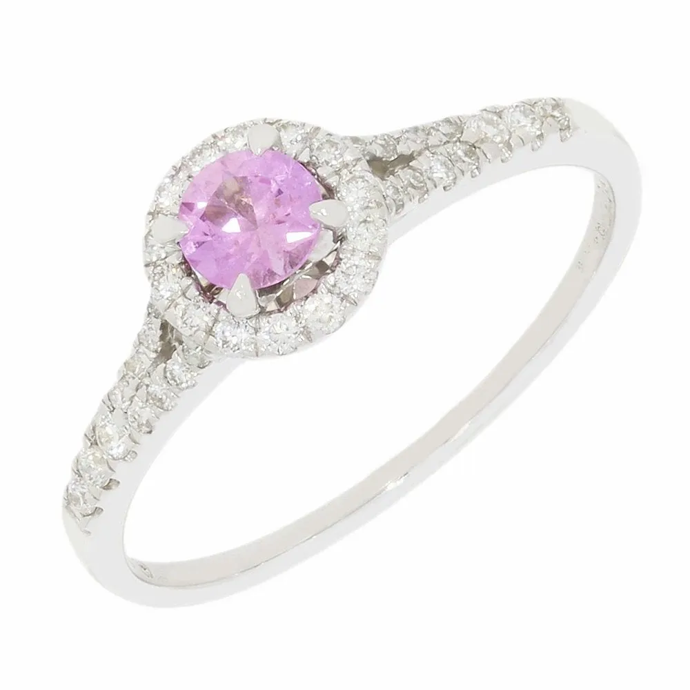 Pre Owned 18ct White Gold Pink Sapphire and Diamond Halo Cluster Ring