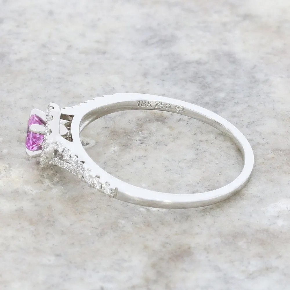 Pre Owned 18ct White Gold Pink Sapphire and Diamond Halo Cluster Ring