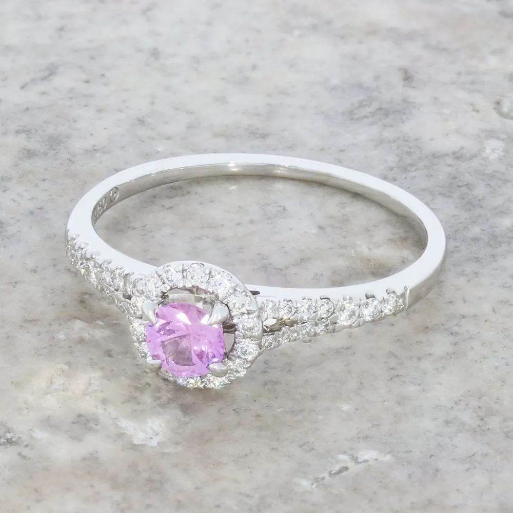 Pre Owned 18ct White Gold Pink Sapphire and Diamond Halo Cluster Ring