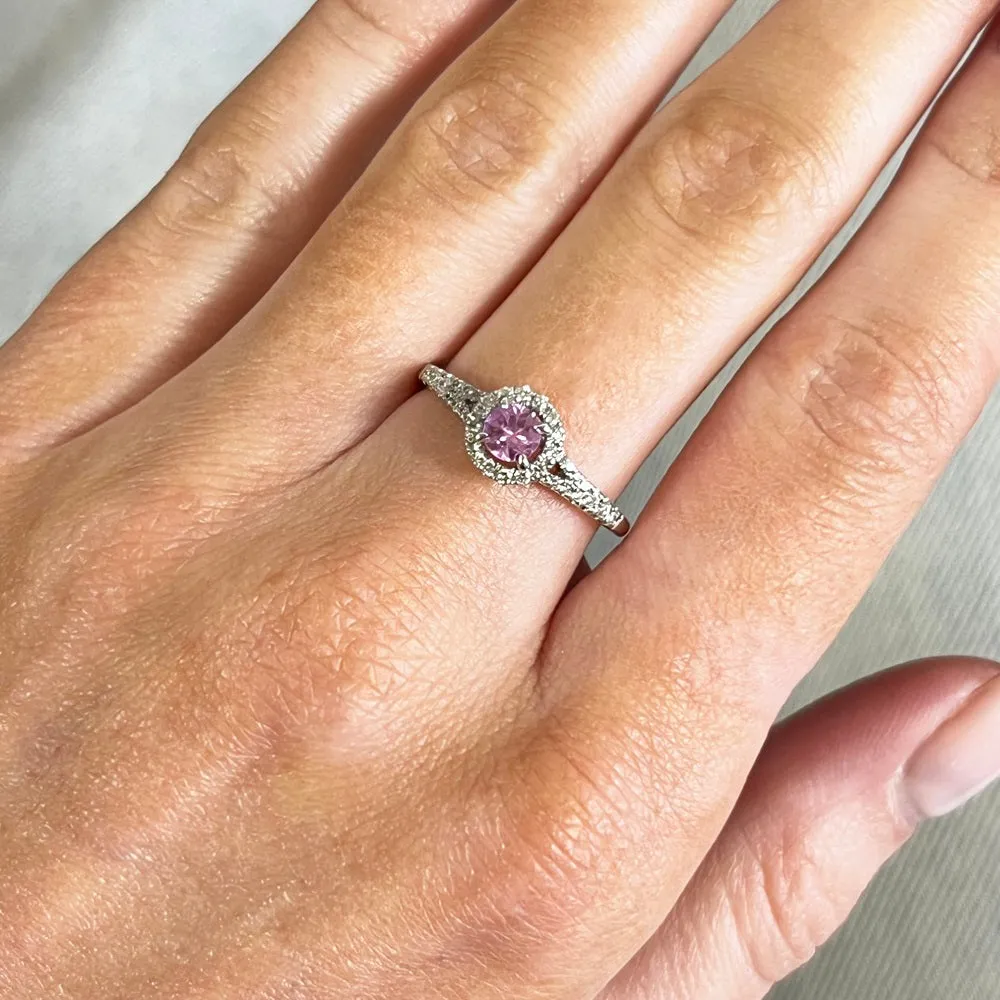 Pre Owned 18ct White Gold Pink Sapphire and Diamond Halo Cluster Ring