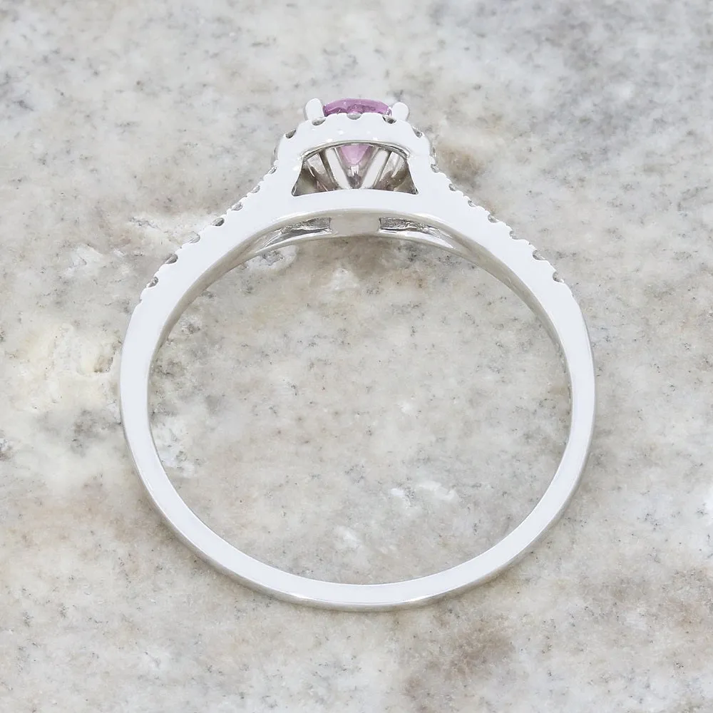 Pre Owned 18ct White Gold Pink Sapphire and Diamond Halo Cluster Ring