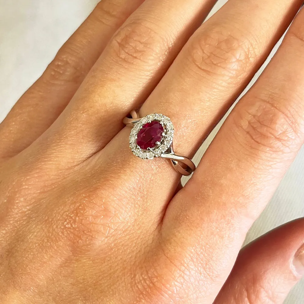 Pre Owned 18ct White Gold Ruby and 0.24cts Diamond Cluster Ring