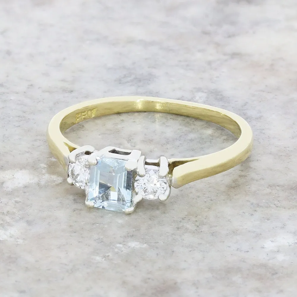 Pre Owned 18ct Yellow Gold Aquamarine and Diamond Trilogy Ring