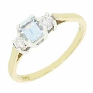 Pre Owned 18ct Yellow Gold Aquamarine and Diamond Trilogy Ring