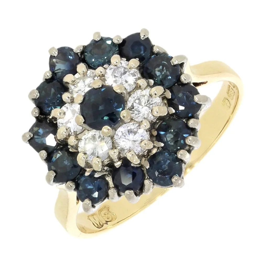 Pre Owned 18ct Yellow Gold Sapphire And 0.25cts Diamond Cluster Ring