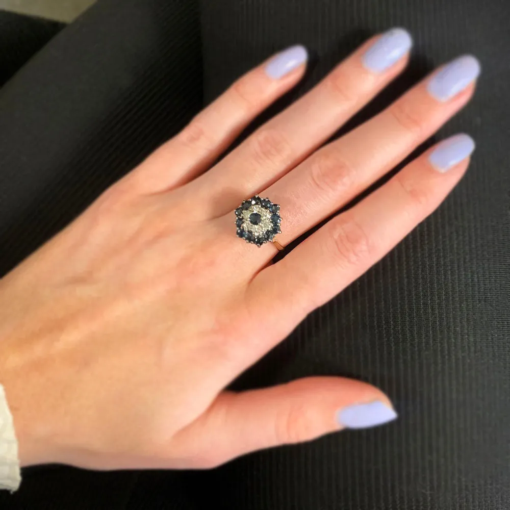 Pre Owned 18ct Yellow Gold Sapphire And 0.25cts Diamond Cluster Ring