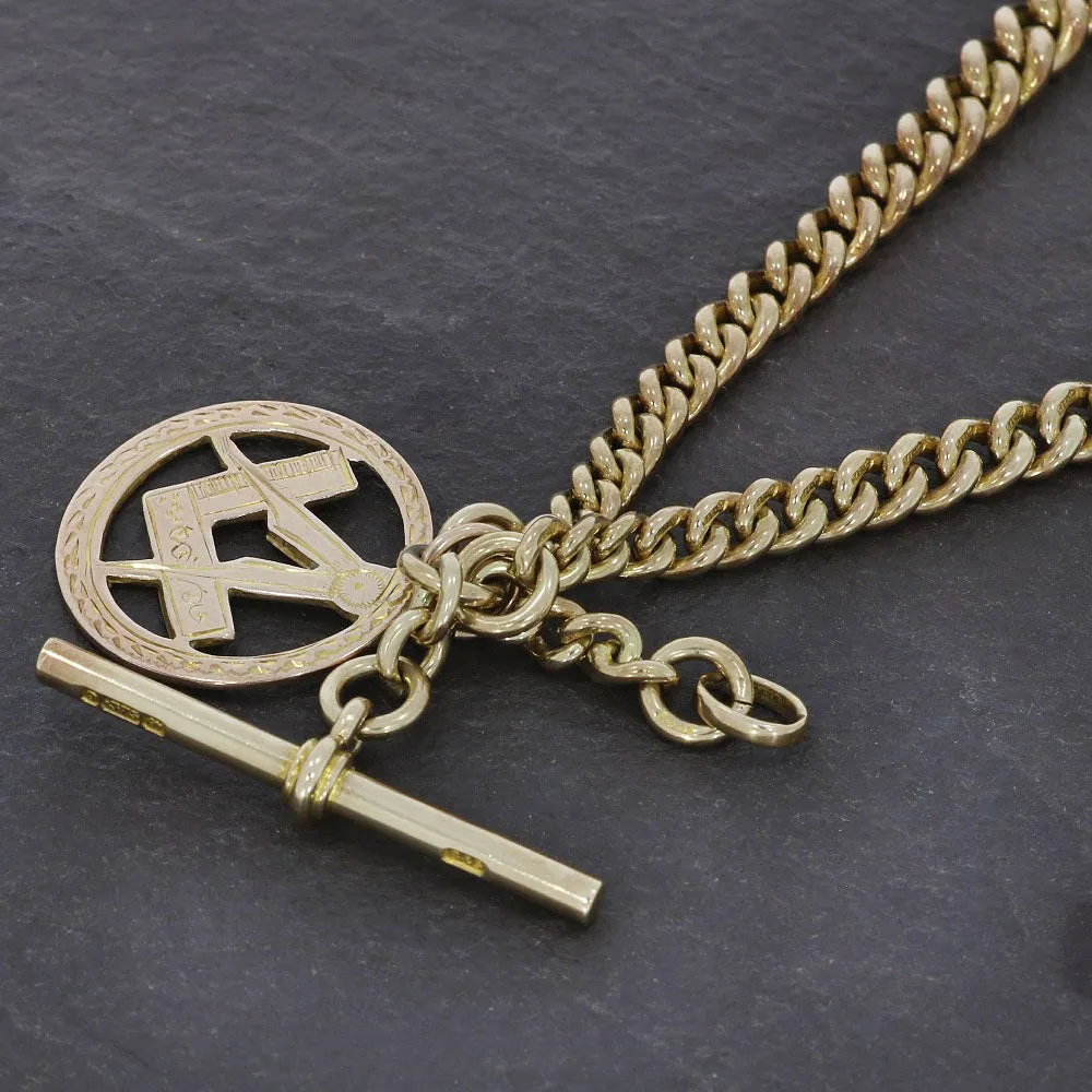 Pre Owned 9ct Old Rose Gold Curb Albert Chain With T-Bar and Masonic Pendant