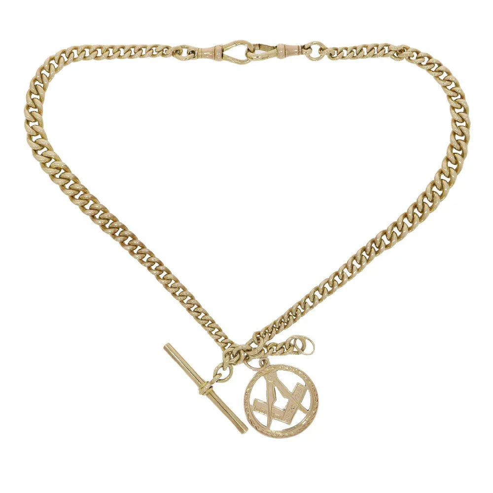 Pre Owned 9ct Old Rose Gold Curb Albert Chain With T-Bar and Masonic Pendant