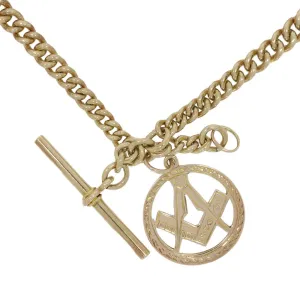 Pre Owned 9ct Old Rose Gold Curb Albert Chain With T-Bar and Masonic Pendant