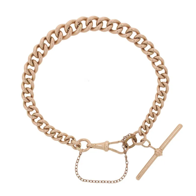 Pre Owned 9ct Rose Gold Rounded Graduated Curb Bracelet With T-Bar
