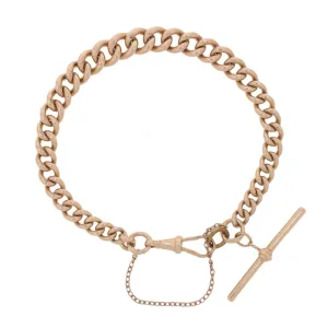 Pre Owned 9ct Rose Gold Rounded Graduated Curb Bracelet With T-Bar
