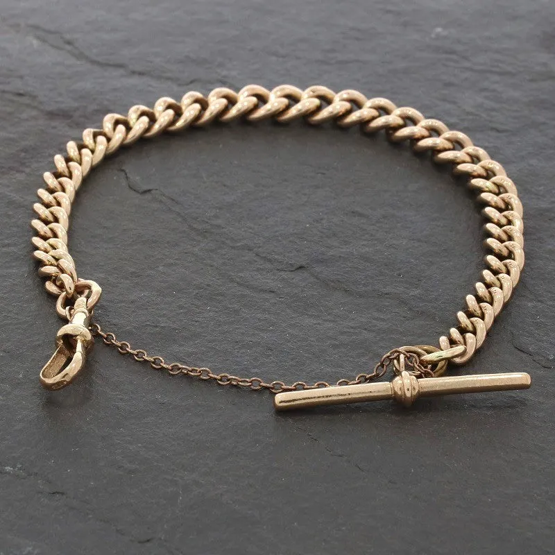 Pre Owned 9ct Rose Gold Rounded Graduated Curb Bracelet With T-Bar