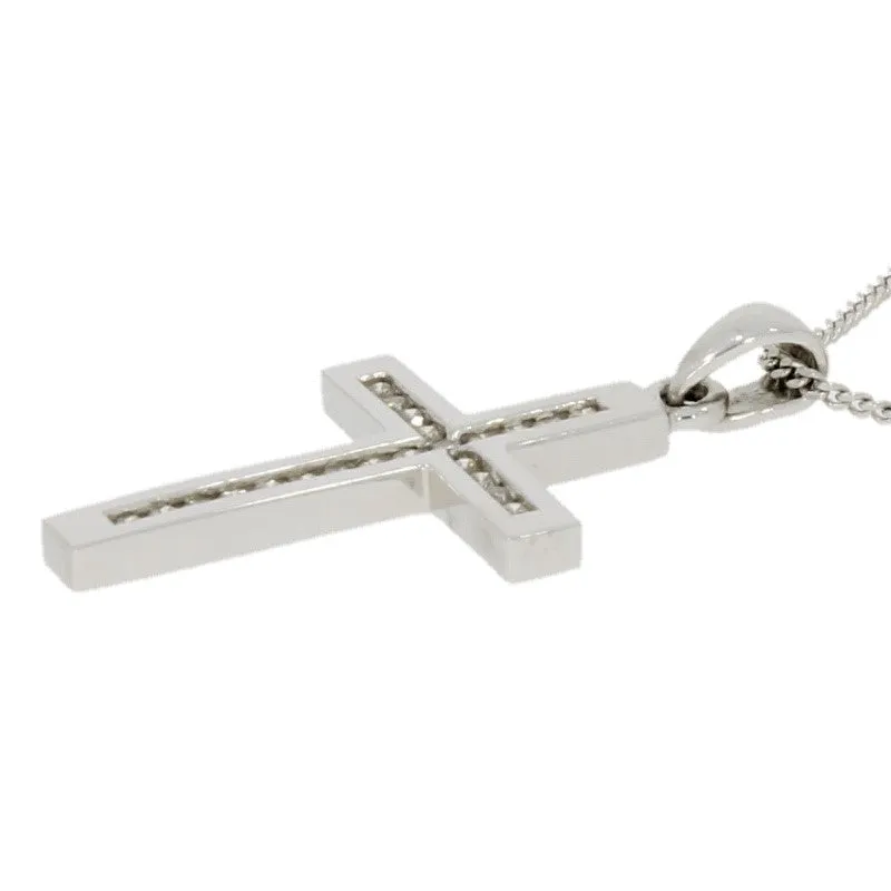 Pre Owned 9ct White Gold 0.25ct Diamond Set Cross Pendant And Chain Necklace