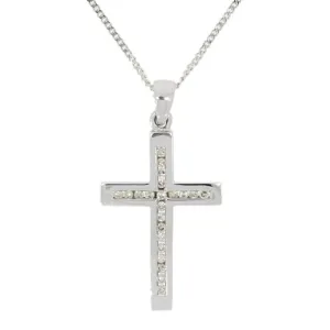 Pre Owned 9ct White Gold 0.25ct Diamond Set Cross Pendant And Chain Necklace