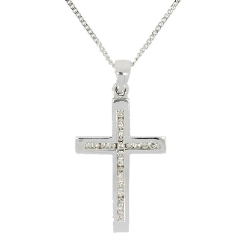 Pre Owned 9ct White Gold 0.25ct Diamond Set Cross Pendant And Chain Necklace