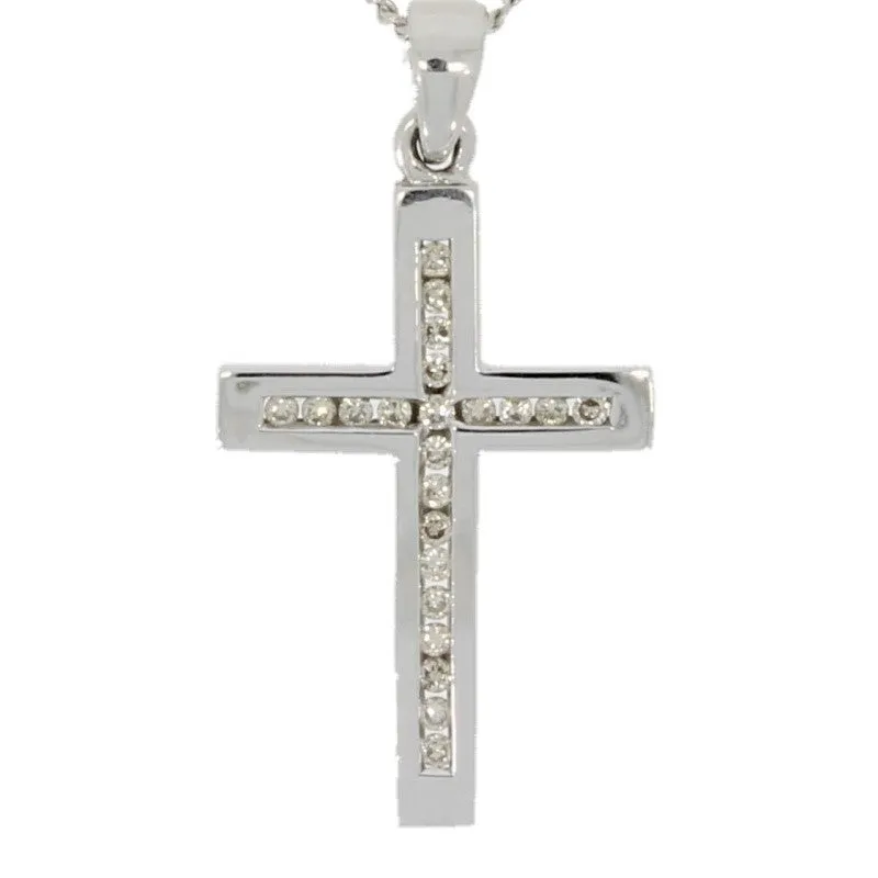 Pre Owned 9ct White Gold 0.25ct Diamond Set Cross Pendant And Chain Necklace