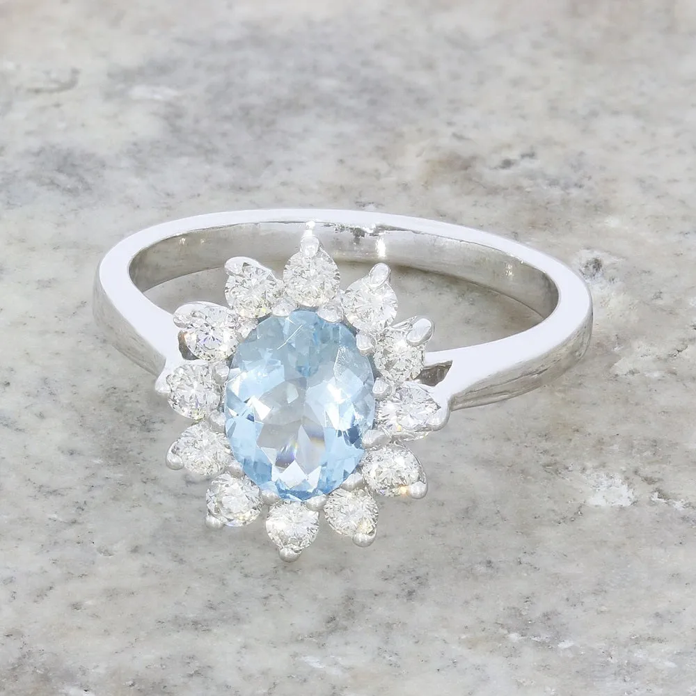 Pre Owned 9ct White Gold 0.90ct Aquamarine and 0.50cts Diamond Cluster Ring