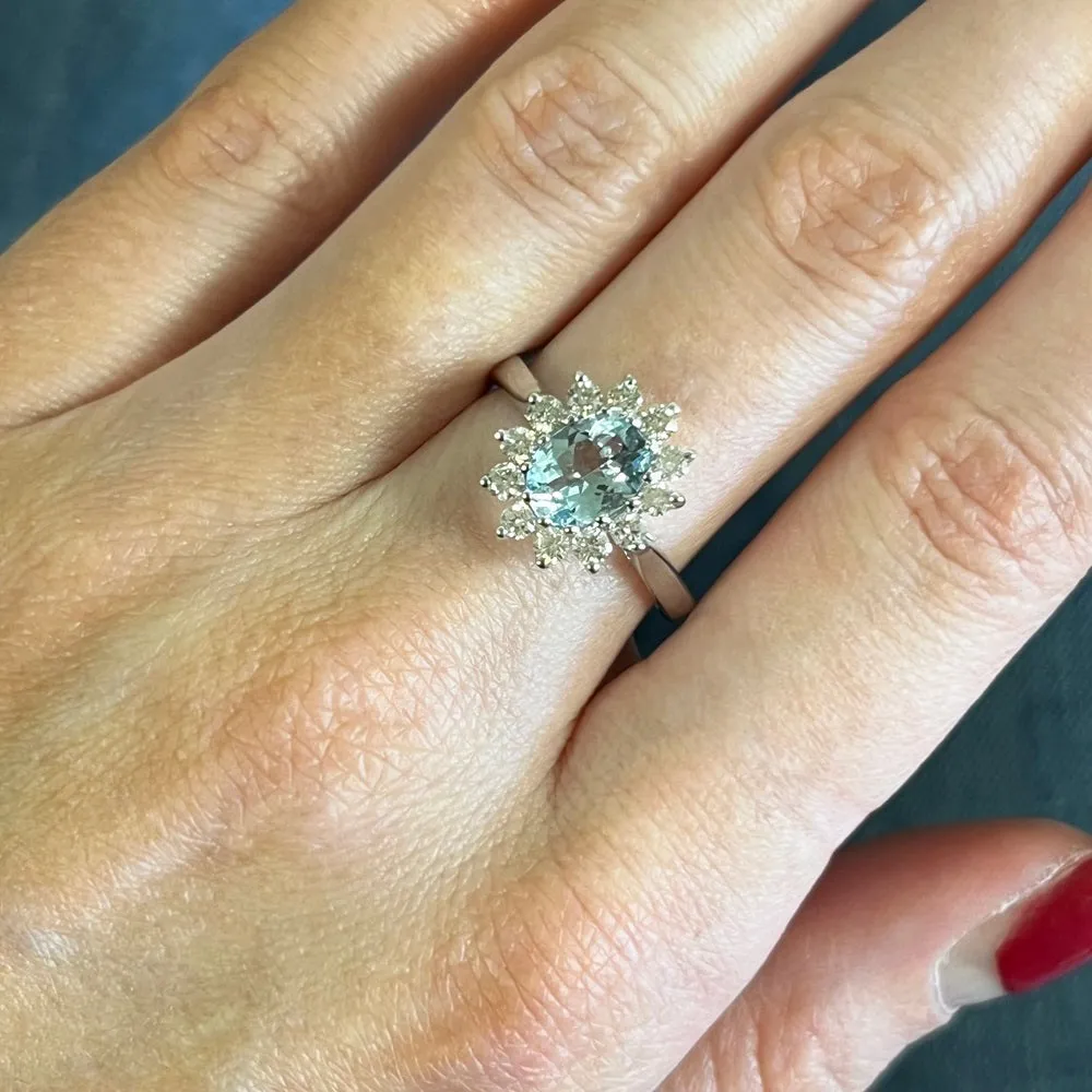 Pre Owned 9ct White Gold 0.90ct Aquamarine and 0.50cts Diamond Cluster Ring