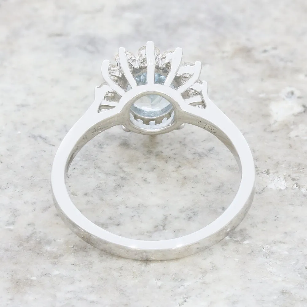 Pre Owned 9ct White Gold 0.90ct Aquamarine and 0.50cts Diamond Cluster Ring