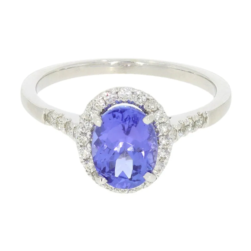 Pre Owned 9ct White Gold Oval Tanzanite and 0.20cts Diamond Halo Cluster Ring