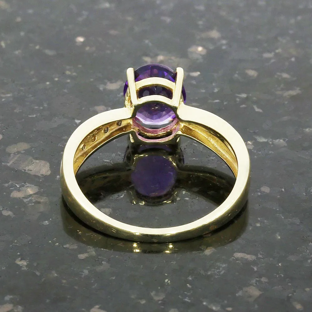Pre Owned 9ct Yellow Gold Amethyst and Diamond Ring
