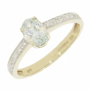 Pre Owned 9ct Yellow Gold Aquamarine and Diamond Solitaire Ring