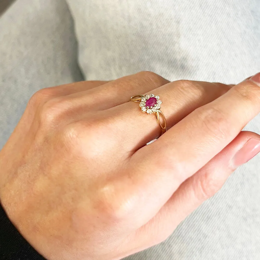 Pre Owned 9ct Yellow Gold Ruby and Cubic Zirconia Cluster Ring