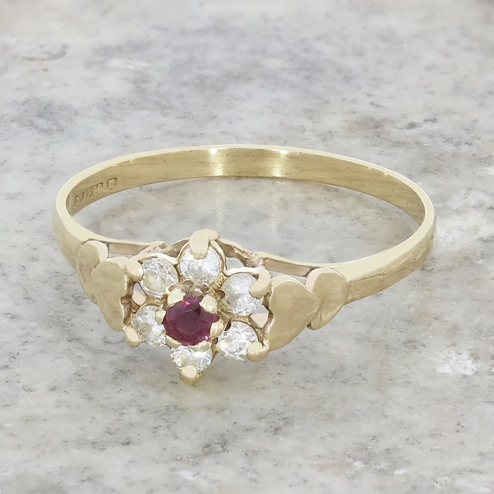 Pre Owned 9ct Yellow Gold Ruby and Cubic Zirconia Cluster Ring