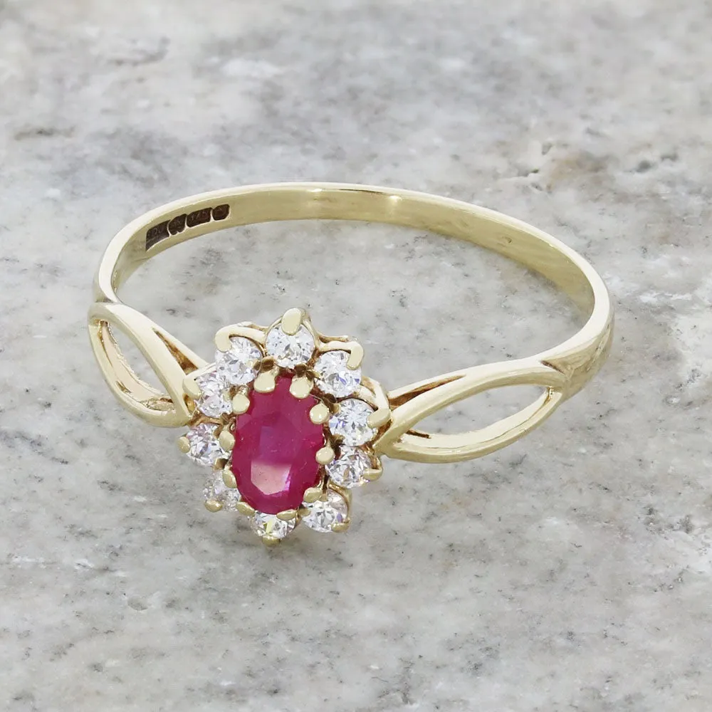 Pre Owned 9ct Yellow Gold Ruby and Cubic Zirconia Cluster Ring