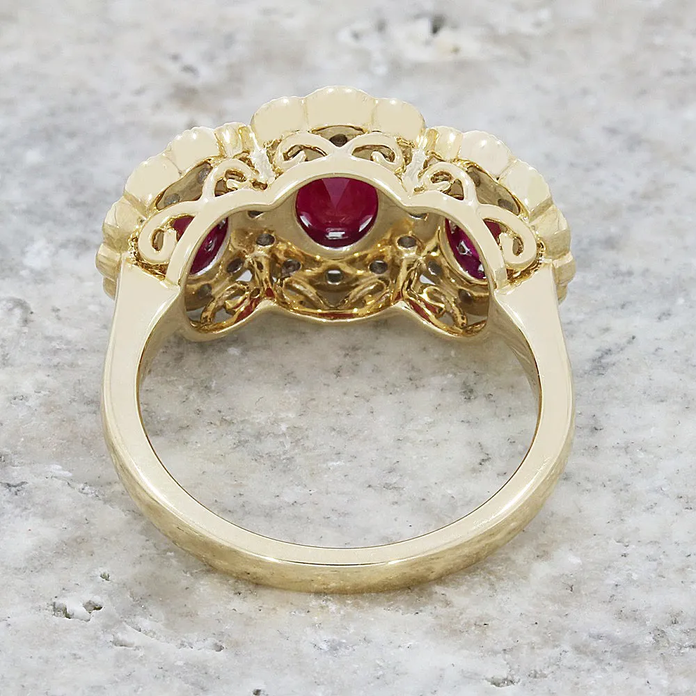Pre Owned 9ct Yellow Gold Ruby and Diamond Triple Cluster Ring