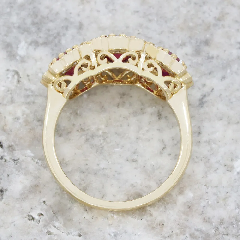 Pre Owned 9ct Yellow Gold Ruby and Diamond Triple Cluster Ring