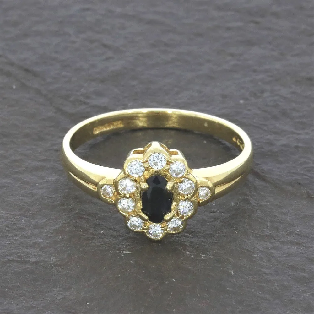 Pre Owned 9ct Yellow Gold Sapphire and 0.25cts Diamond Cluster Ring